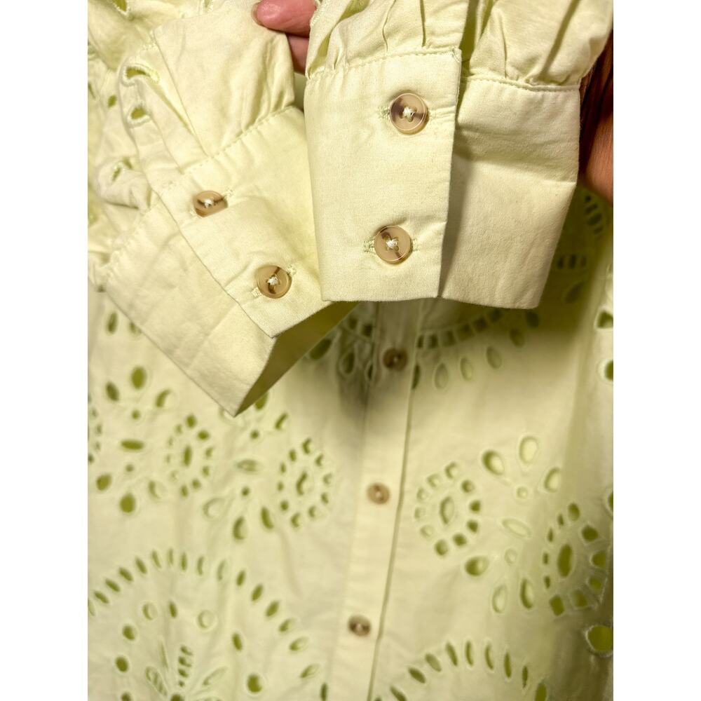 Anthro Eyelet Shirt Dress Green Cutout Mini Dress Button Front Cotton Size M - Picture 7 of 13